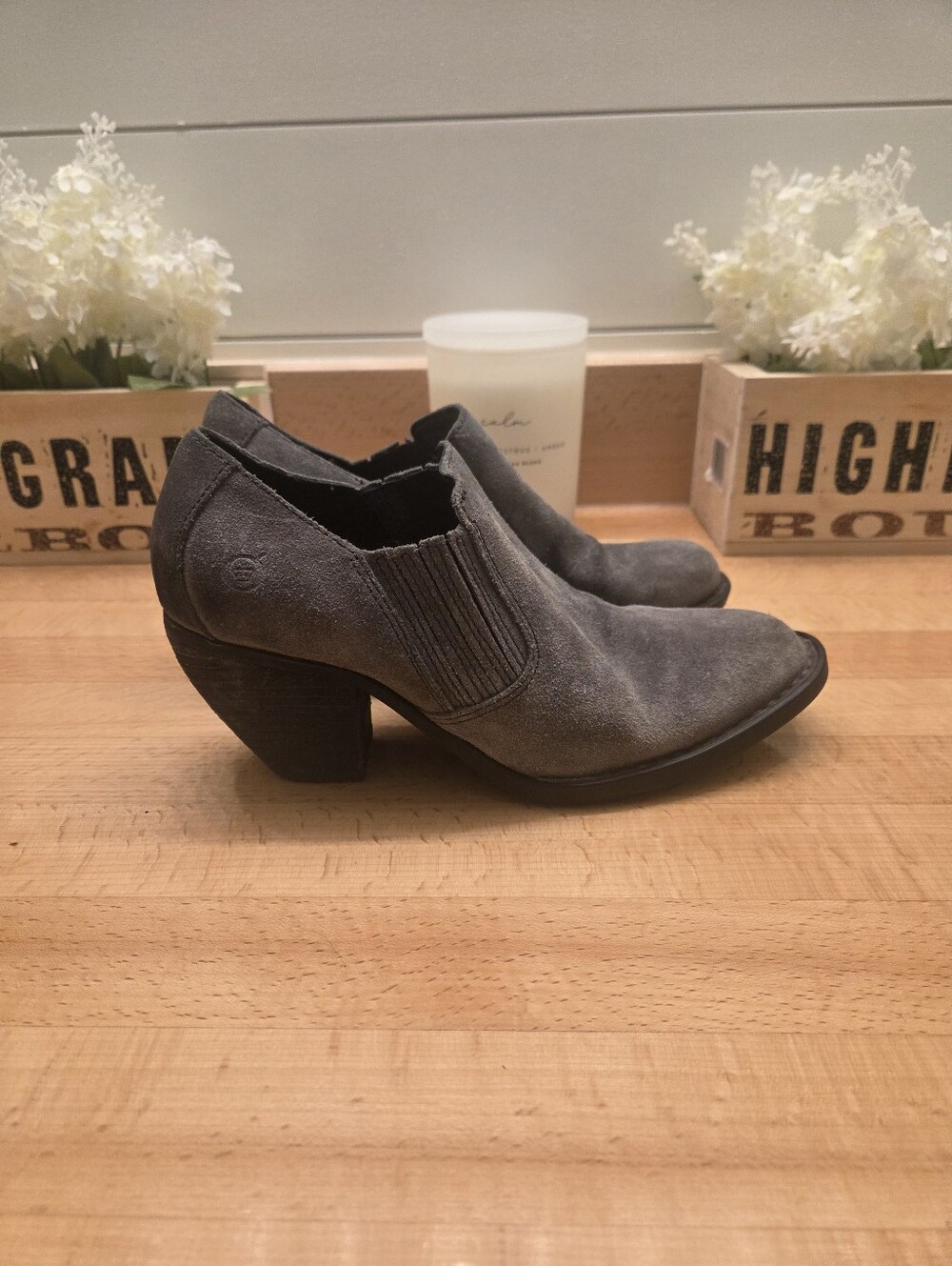 Born Womens Fredrika Boots Size 7 Gray Distressed Suede Bootie Mid Block Heel